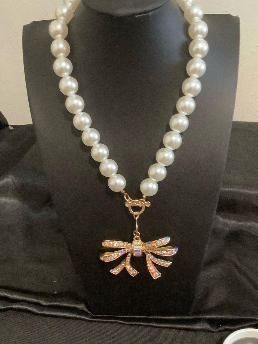 Pearl Necklace with Gold Crystal Bow Pendant - Women's Jewelry